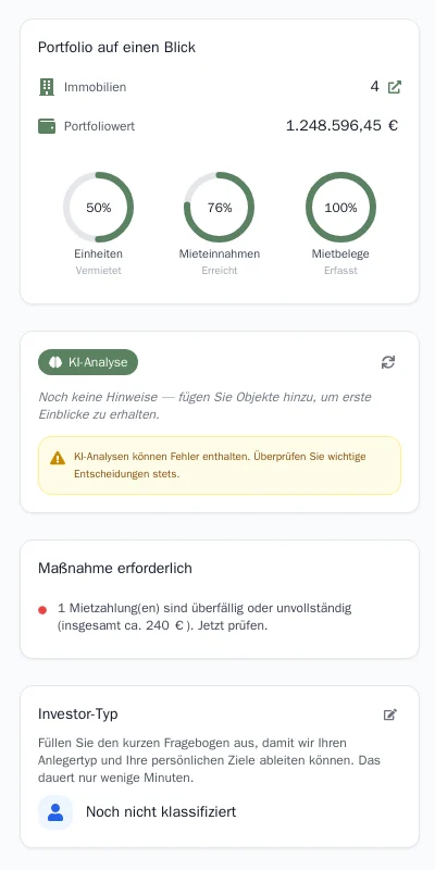 Seitenspalte mit Portfolio auf einen Blick, KI-Analyse und Maßnahmen