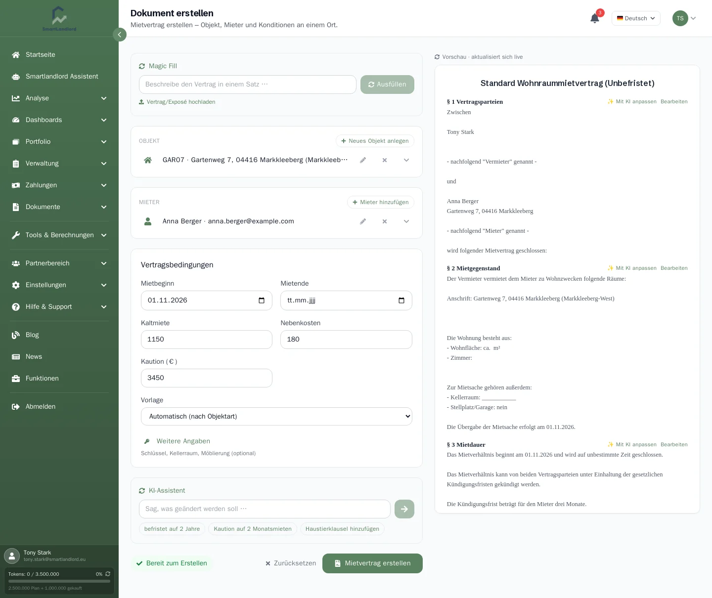 Vertragsstudio mit Formular links und Vorschau rechts