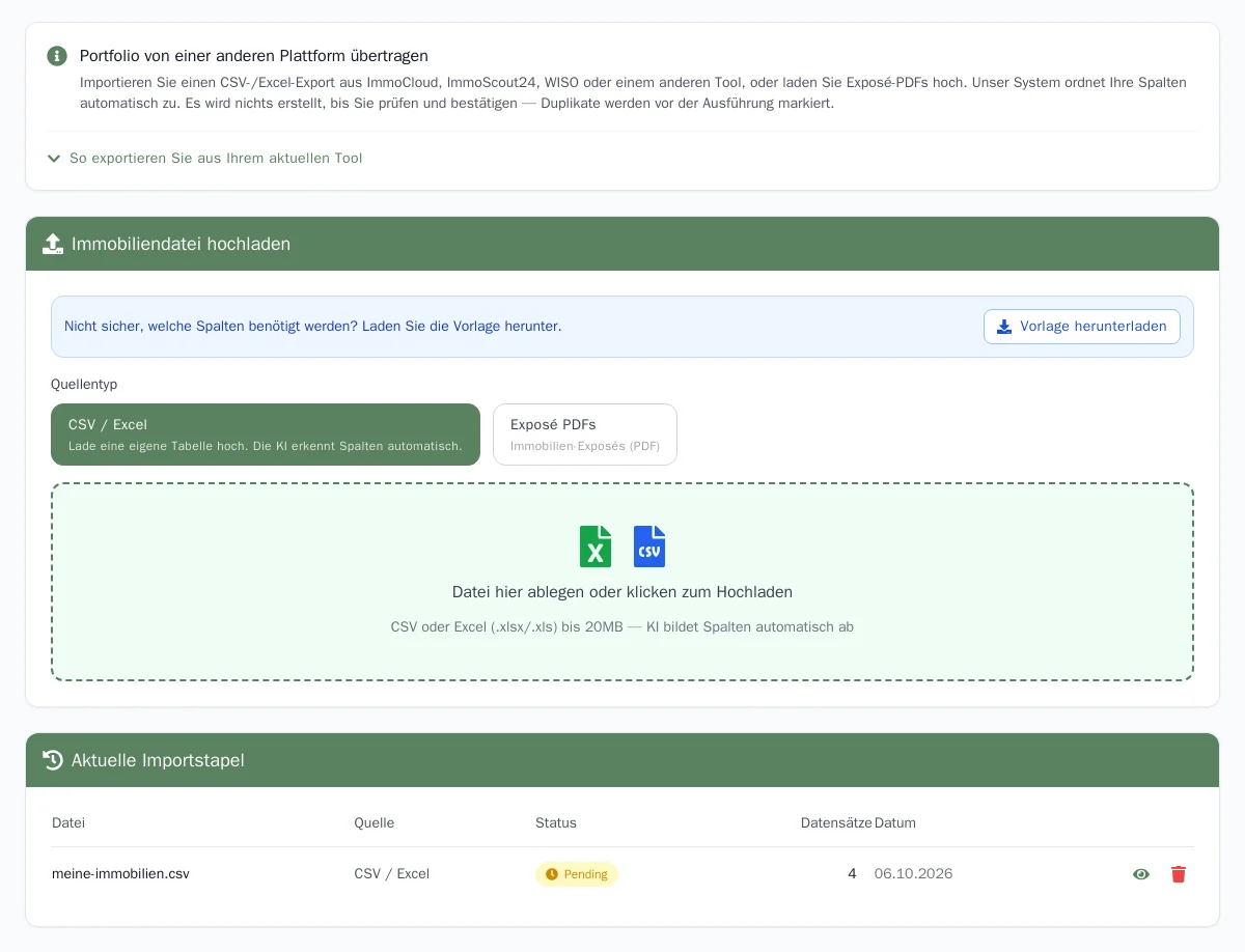 Importseite mit Upload-Bereich und Liste der Importstapel