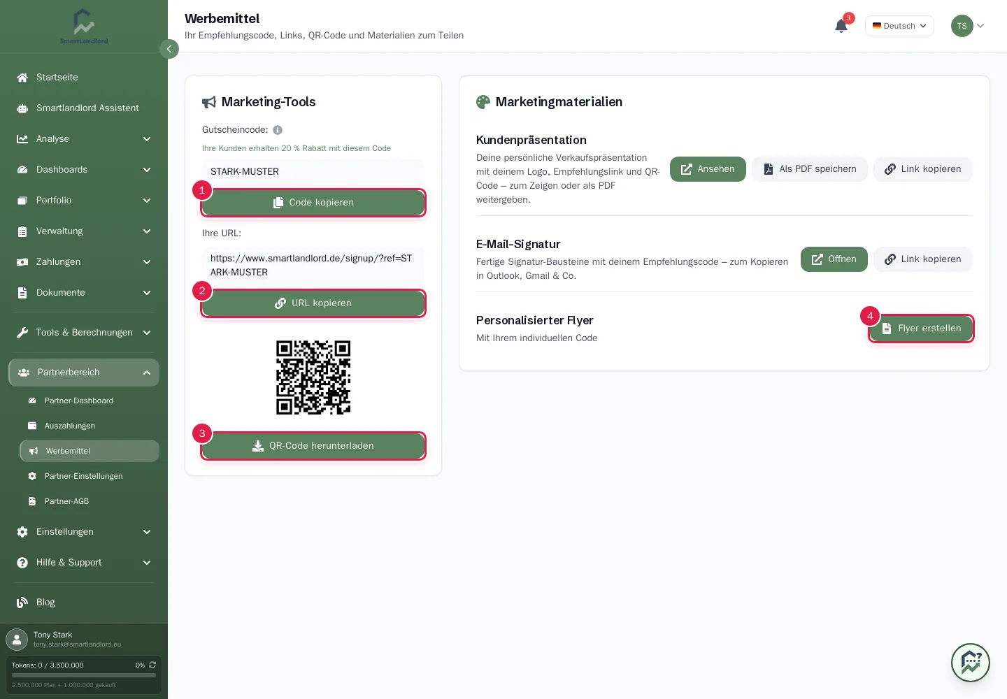 Die Seite Werbemittel mit Code, Link, QR-Code und Materialien
