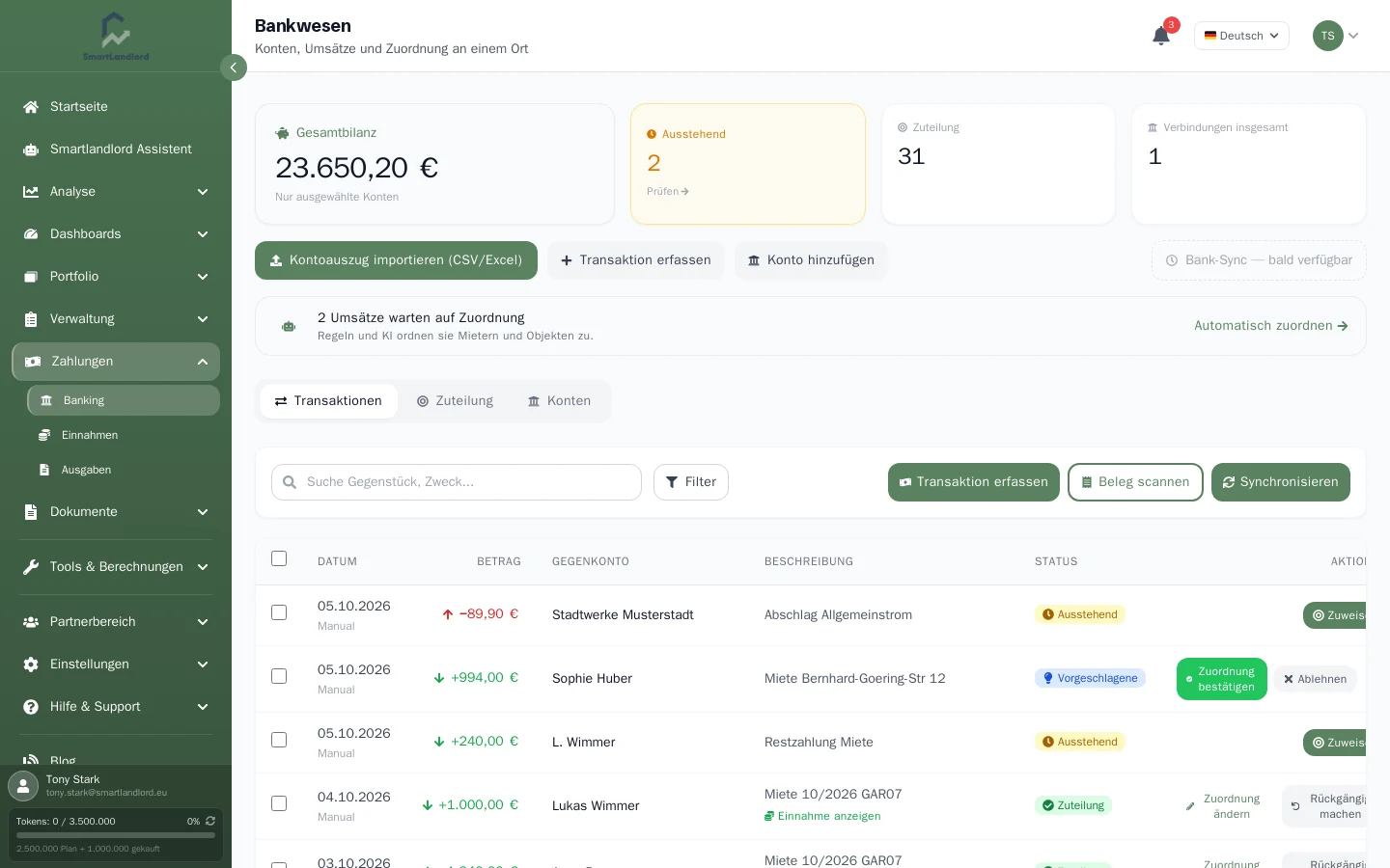 Die Banking-Seite mit Kopfbereich und Tabs