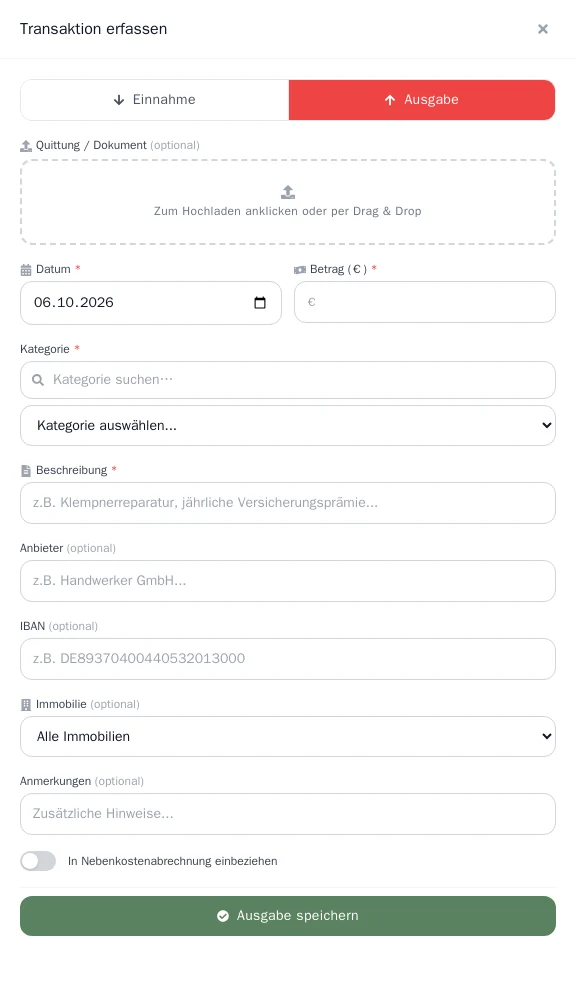 Seitenfenster zum Erfassen einer Ausgabe