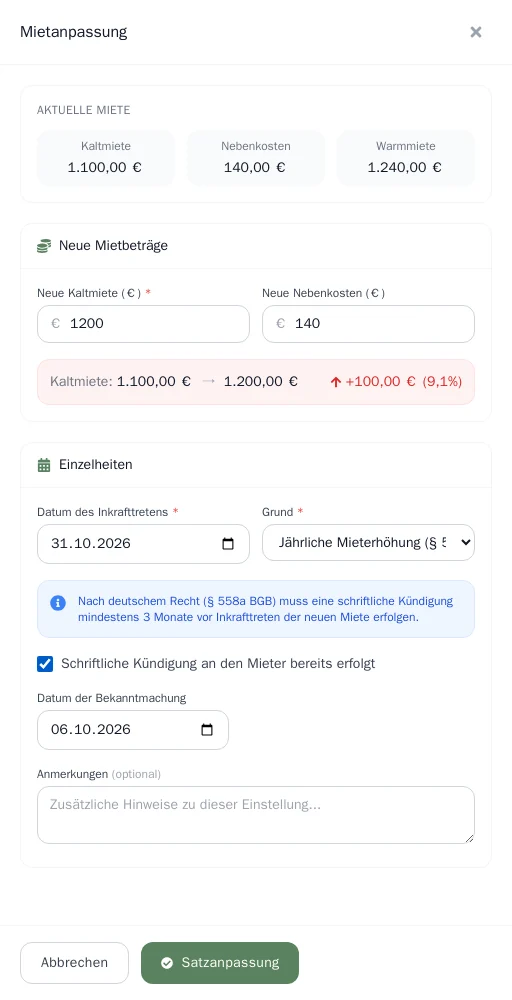 Formular zur Mietanpassung
